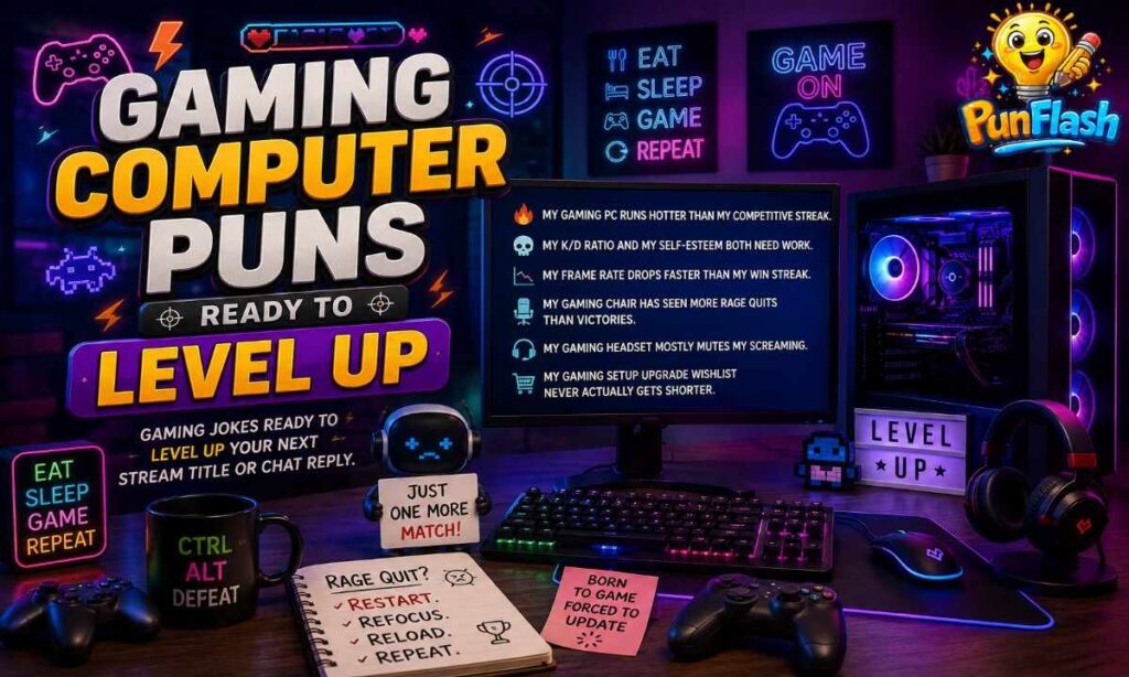 3D gaming PC setup with RGB lights, controller, headset, and Gaming Computer Puns Ready to Level Up illustration.