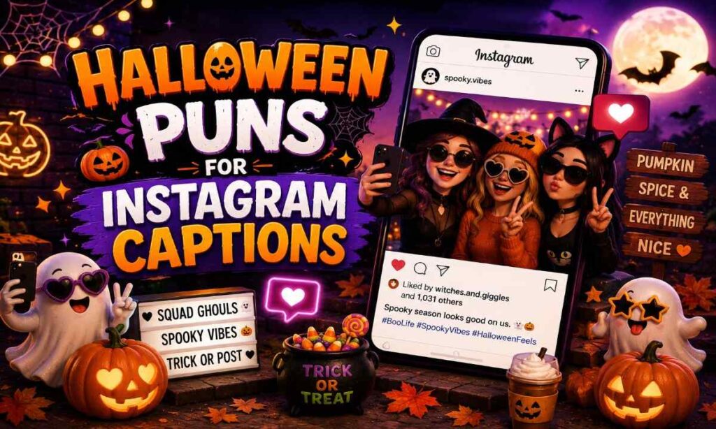 Halloween Instagram captions with pumpkins, ghosts, and spooky selfies