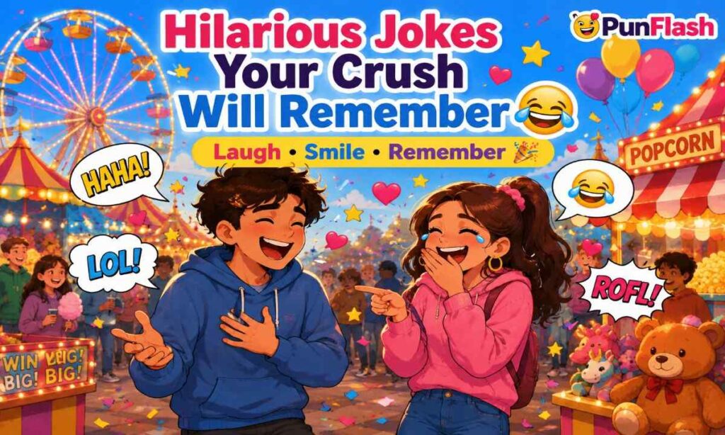 Cartoon illustration of two teenagers laughing together at a colorful carnival while sharing hilarious jokes that become unforgettable memories.
