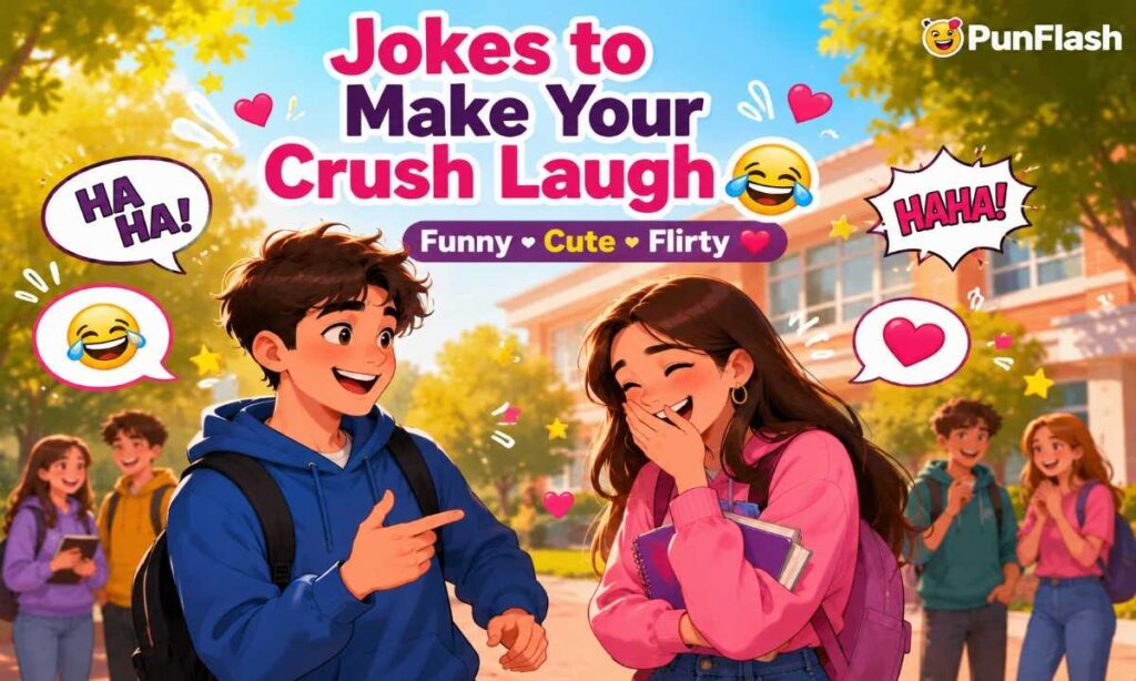 Cartoon illustration of a teenage boy making his crush laugh with a funny joke in a cheerful school park.