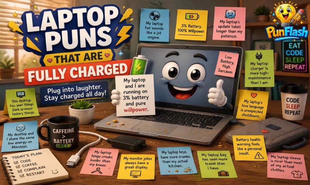 Cute 3D cartoon laptop with charger, coffee mug, keyboard, and funny Laptop Puns That Are Fully Charged illustration.