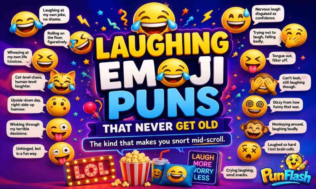 Laughing emoji puns with funny cartoon emojis and comedy reactions