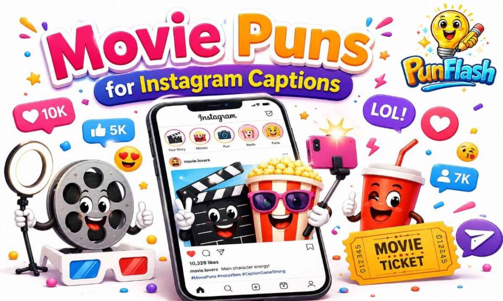 Cartoon movie puns for Instagram captions with smartphone, popcorn, film reel, and social media icons
