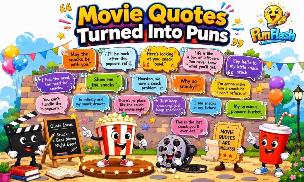 Cartoon movie quotes turned into puns with popcorn, clapperboard, film reel, speech bubbles, and colorful quote wall