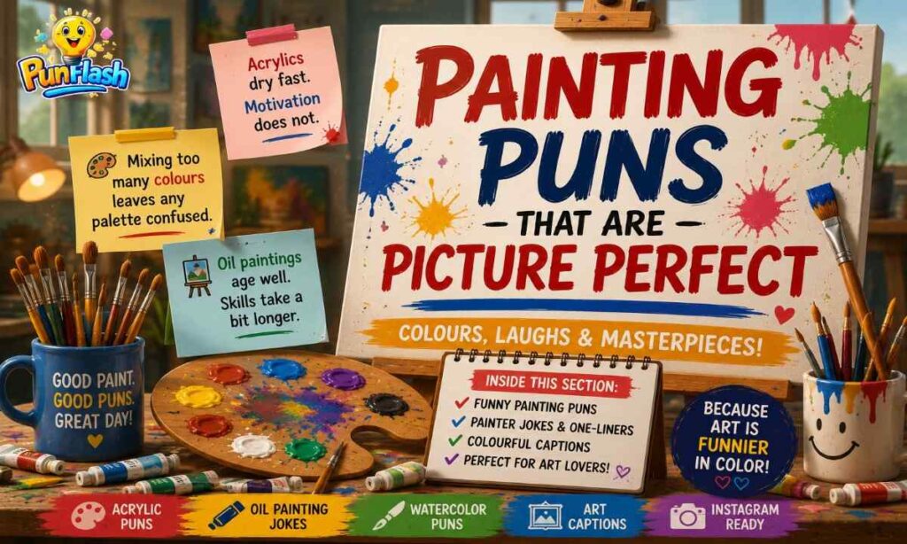 Colorful cartoon painting puns illustration with paint palette, brushes, acrylic paints, canvas, and creative artist supplies.