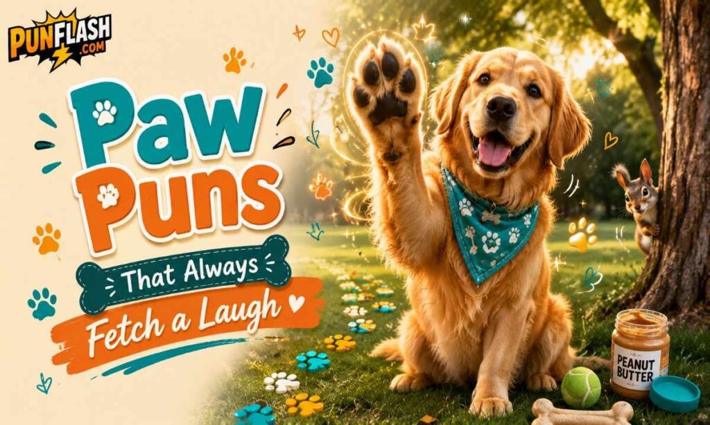 Happy golden retriever raising its paw in a sunny park with colorful paw prints for funny paw puns and dog jokes.