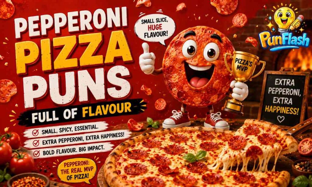 Cartoon pepperoni pizza with melted cheese, smiling pepperoni mascot, and funny pepperoni pizza puns blog illustration.