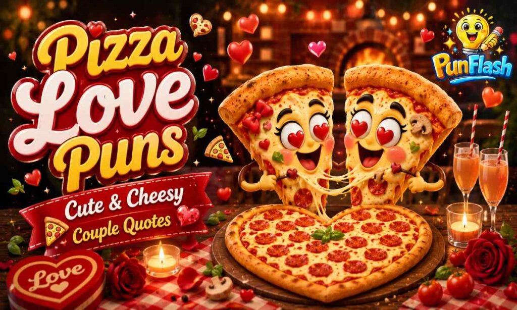 Cute cartoon pizza couple sharing a heart-shaped pepperoni pizza with melted cheese and romantic pizza love puns.
