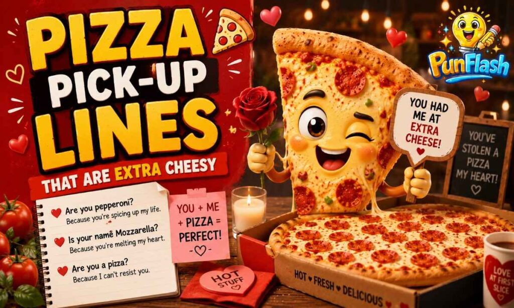 Cartoon pepperoni pizza holding a rose with cheesy pizza pick-up lines and romantic pizza puns blog illustration.