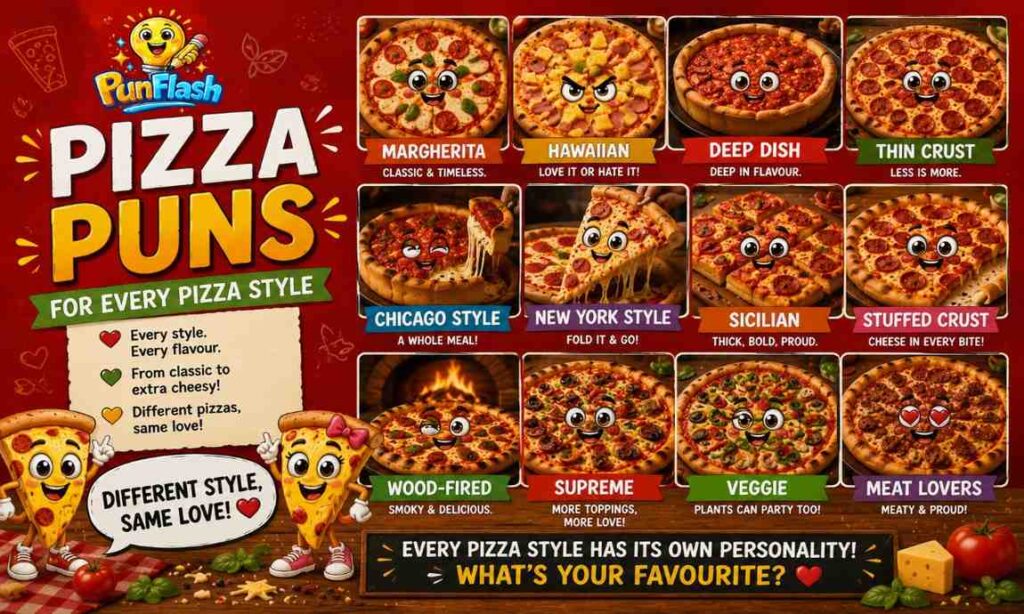 Cartoon pizza styles with funny pizza puns illustration.