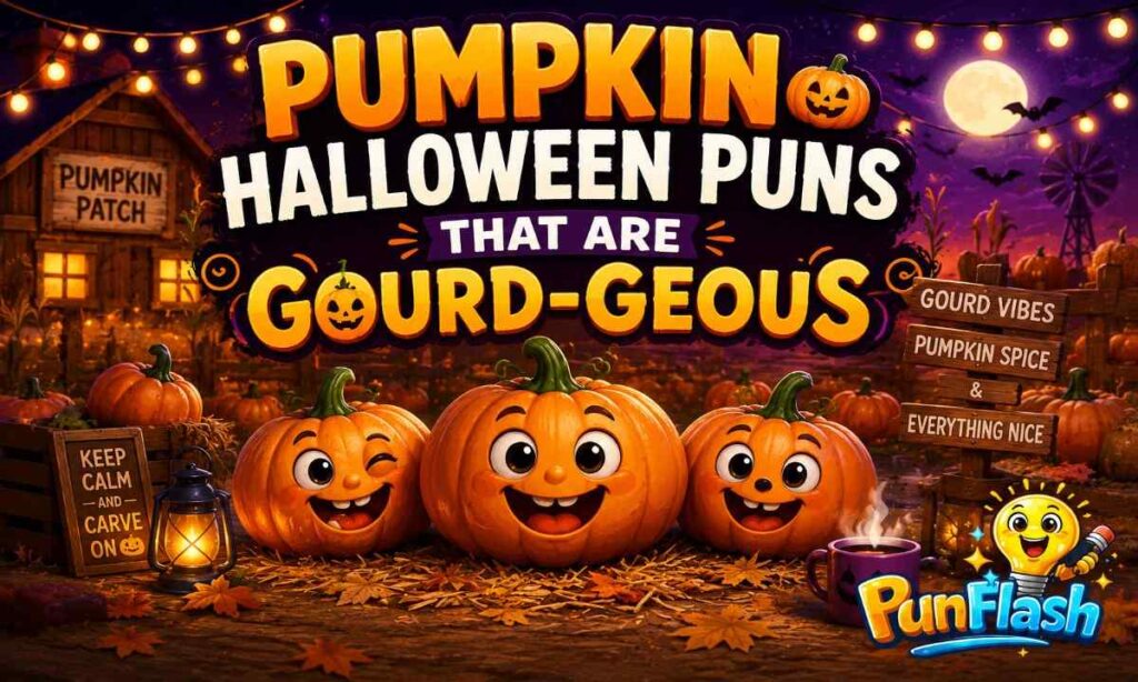 Cute pumpkin Halloween puns in a glowing pumpkin patch