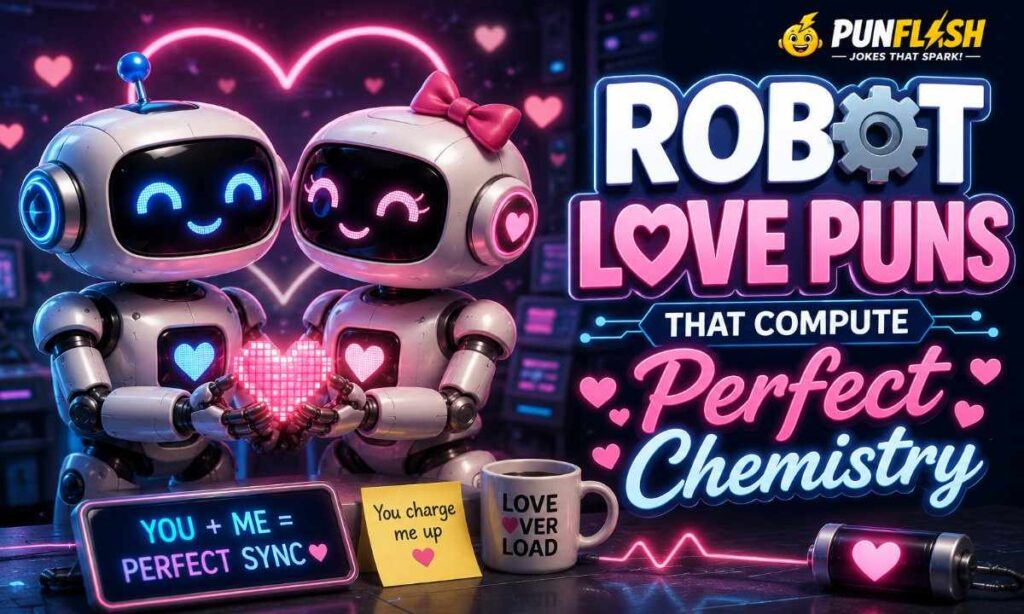 Cute robots sharing a heart with robot love puns