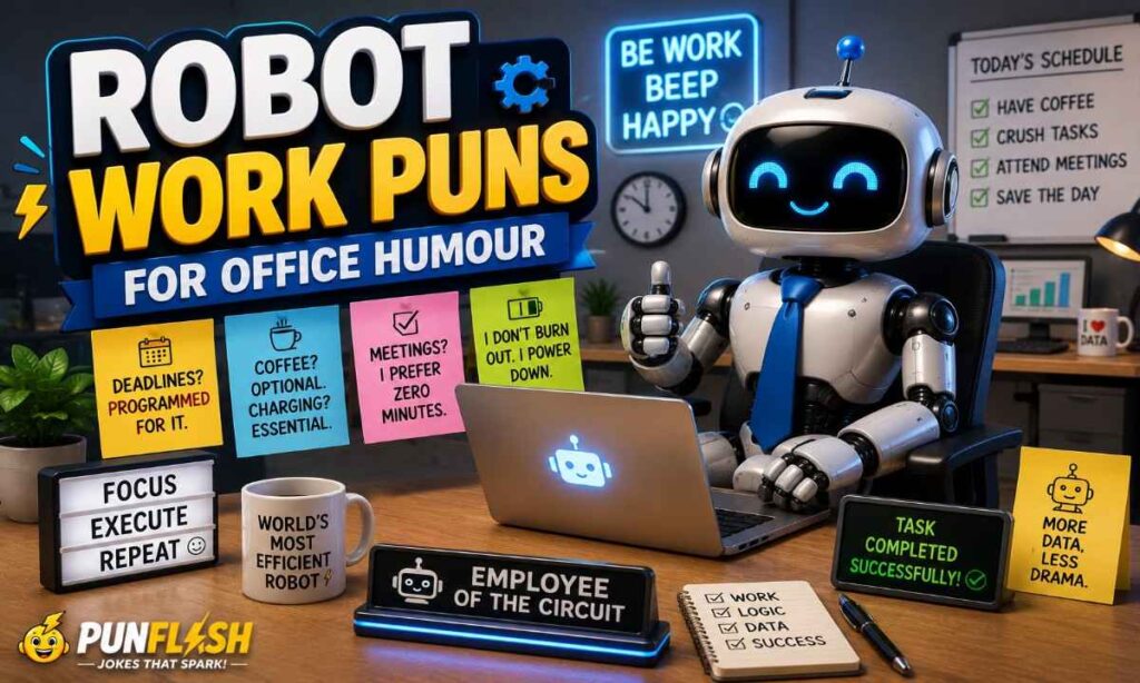 Office robot with funny robot work puns
