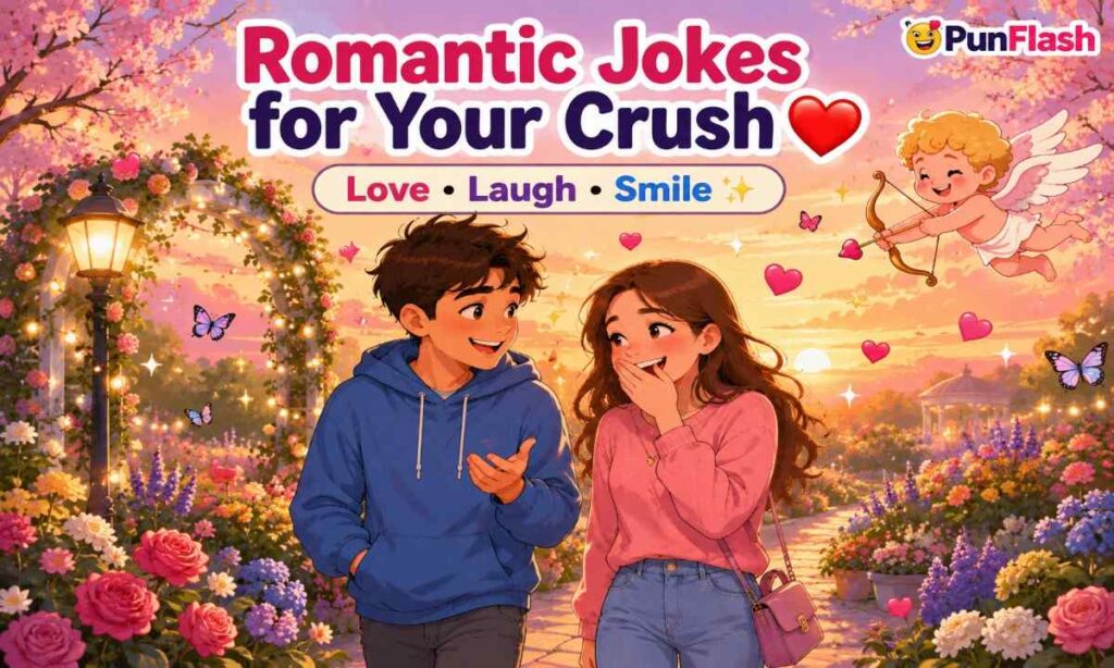 Cartoon illustration of two teenagers laughing together in a beautiful flower garden at sunset while sharing romantic jokes.
