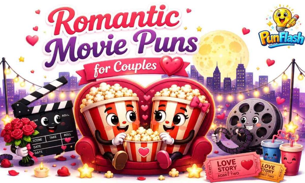 Cute romantic movie puns illustration with popcorn couple, roses, film reel, and movie date night theme
