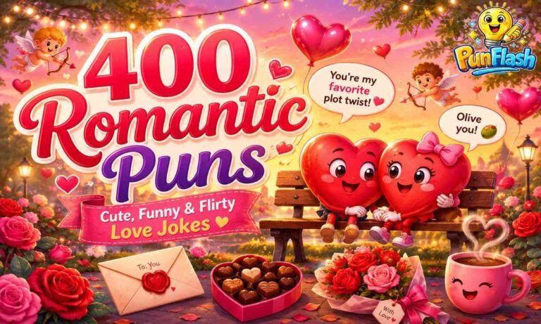 Cute romantic puns cartoon with hearts, roses, Cupid, and love joke
