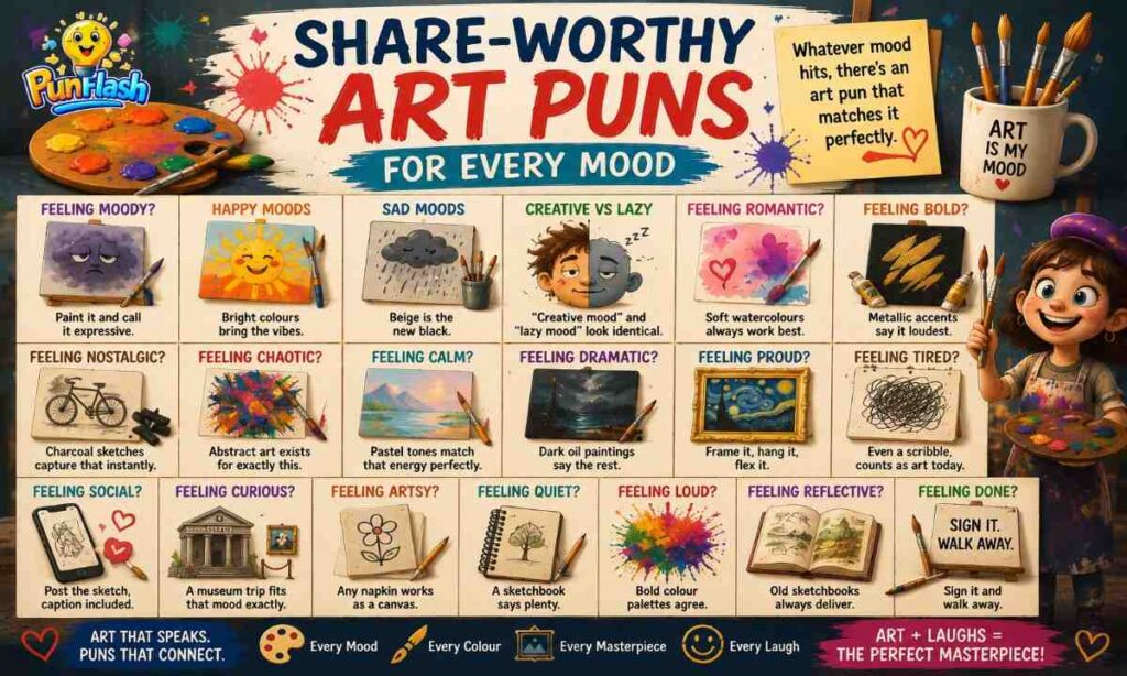 Colorful cartoon art puns mood board with paint palette, sketchbook, canvas, and creative artwork for every mood.