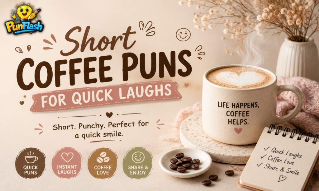 Short coffee puns with a steaming coffee mug