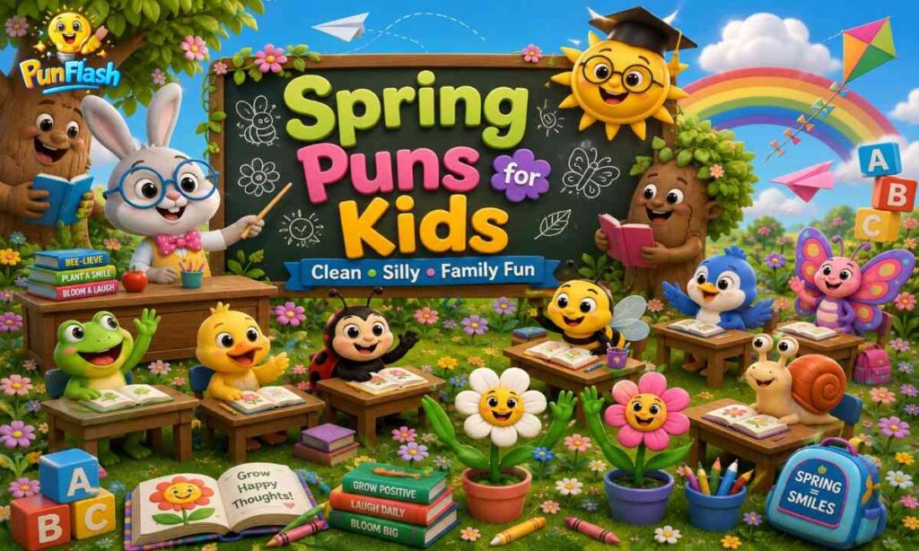 Spring puns for kids cartoon classroom
