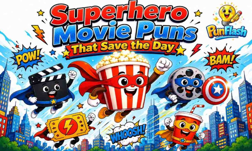 Cartoon superhero movie puns with popcorn hero, film reel, clapperboard, and comic-style city scene