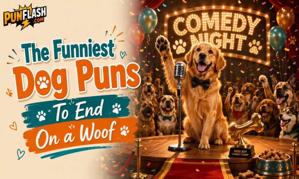 Golden Retriever on a comedy stage celebrating the funniest dog puns with confetti, microphone, and cheering crowd.