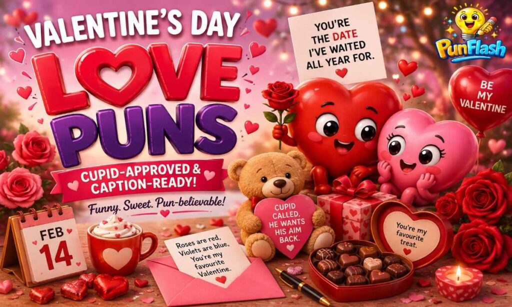 Cute cartoon hearts with Valentine's Day love puns