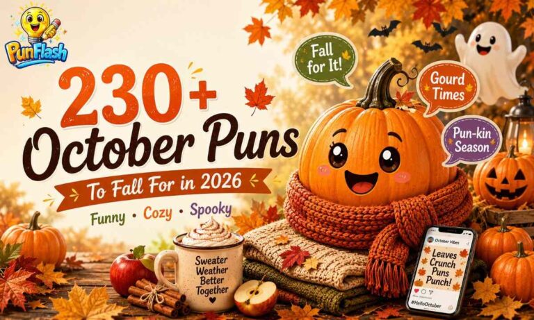 230 funny October puns featuring pumpkins, autumn leaves, cozy sweater weather, apples, and playful Halloween elements.