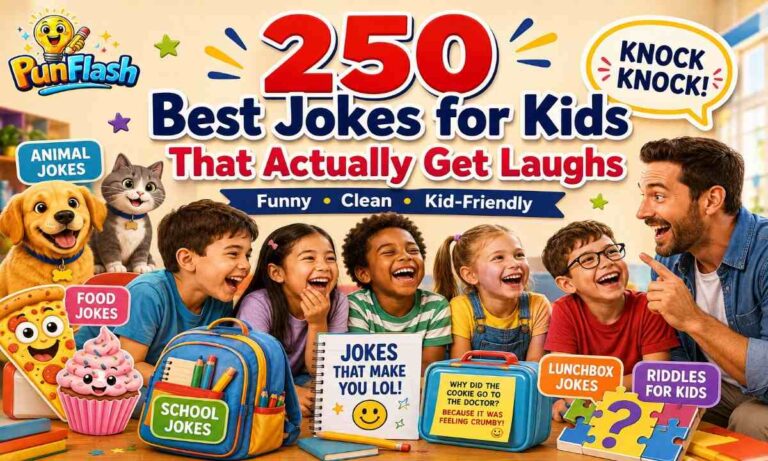 250 best jokes for kids featuring funny, clean, age-appropriate jokes, knock-knock jokes, riddles, animal jokes, school jokes, and lunchbox jokes.