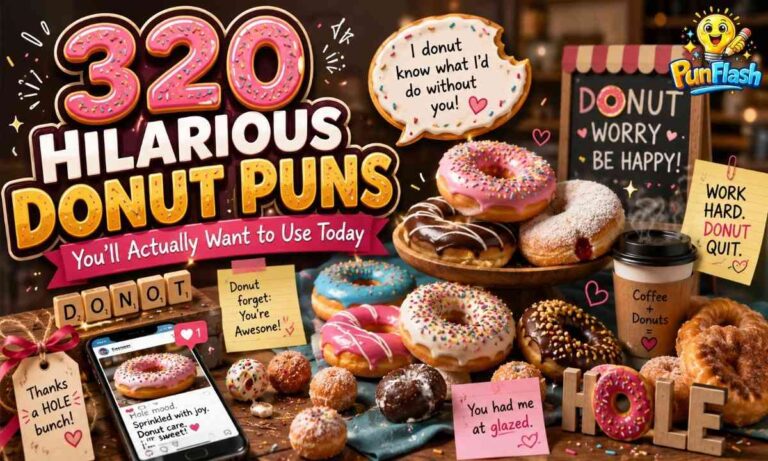 320 hilarious donut puns with colorful glazed and sprinkled donuts, coffee, social media captions, birthday and appreciation themes.