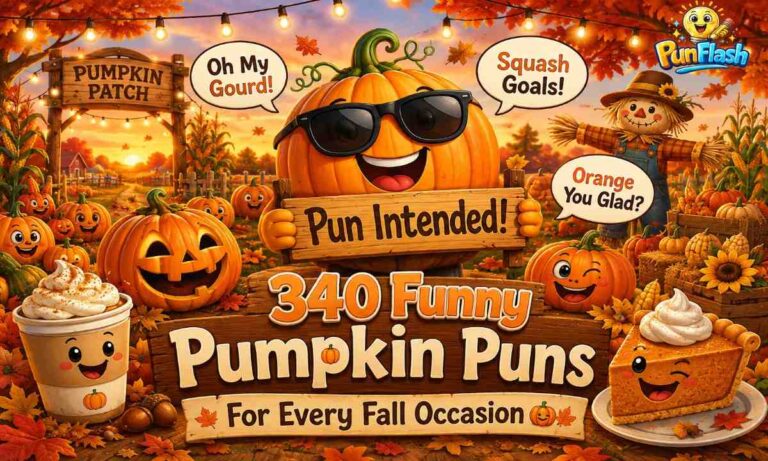 Funny pumpkin puns cartoon in a colorful fall pumpkin patch