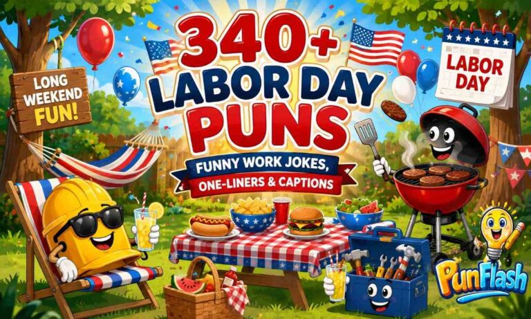 Funny Labor Day puns with BBQ grill, hard hat, hammock, American flags, and long weekend celebration illustration