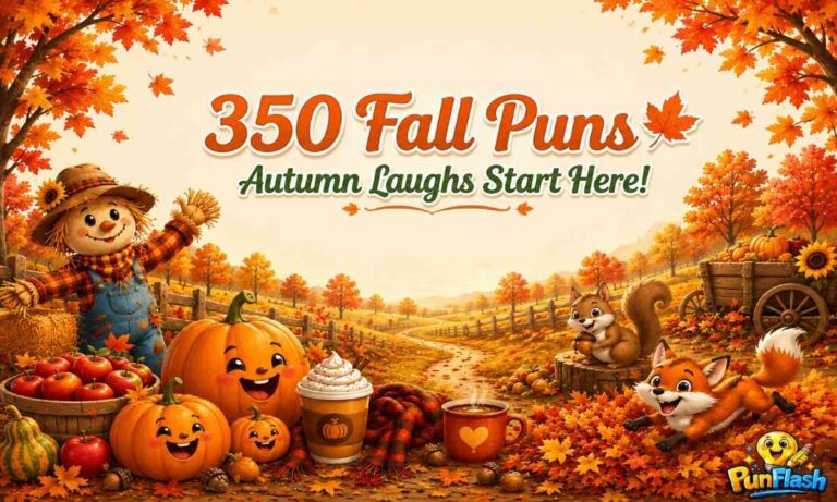 Funny Fall Puns illustration with smiling pumpkins, autumn leaves, apples, scarecrow, and cozy fall scenery.