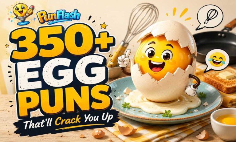 Funny cracked egg character surrounded by breakfast-themed pun elements for 350+ egg puns.