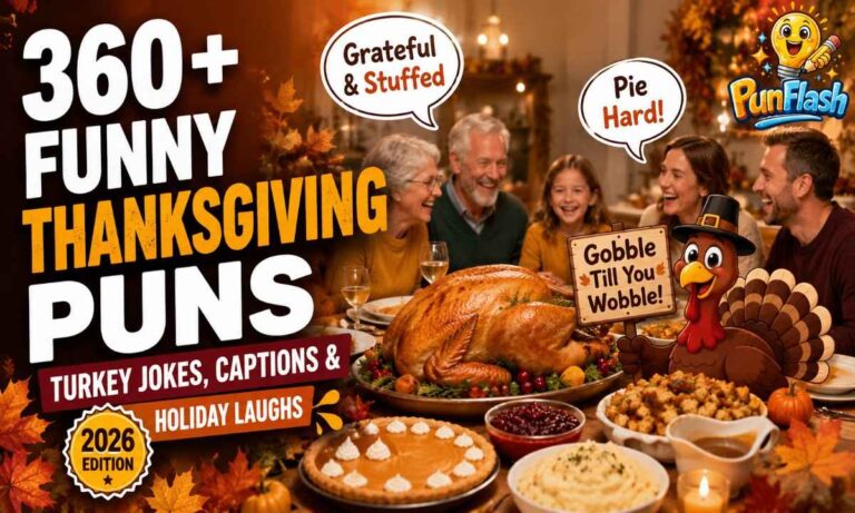 Funny Thanksgiving puns with a family dinner, roast turkey, pumpkin pie, autumn decorations, and festive holiday humor for Thanksgiving celebrations.