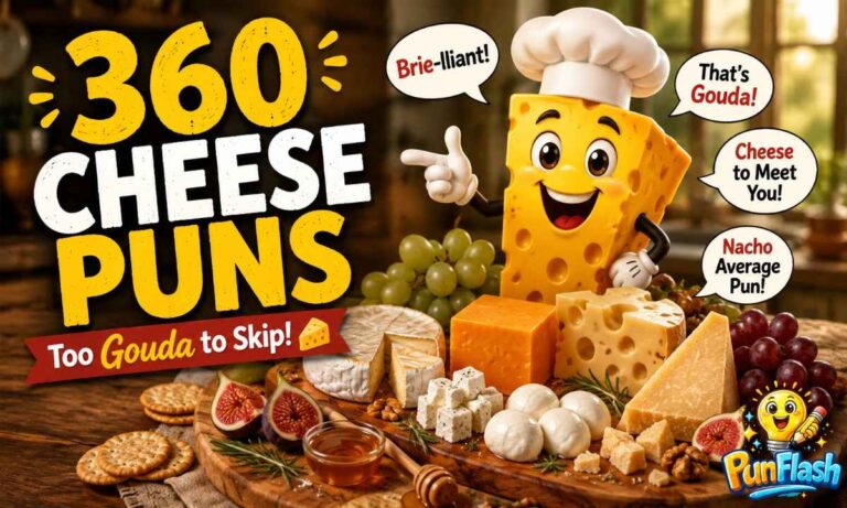 Cheese puns featuring Gouda, Brie, Cheddar, Swiss, and Parmesan on a rustic cheese board for captions, jokes, and social media.