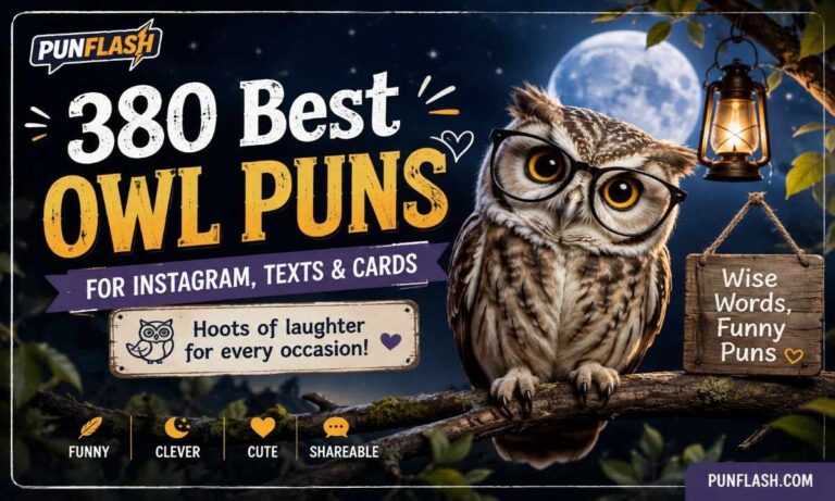 380 owl puns for Instagram, texts, and cards featuring a funny owl at night