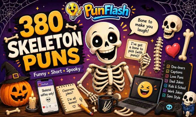 380 skeleton puns with a funny cartoon skeleton surrounded by Halloween, bone, social media, school, and everyday humor elements.