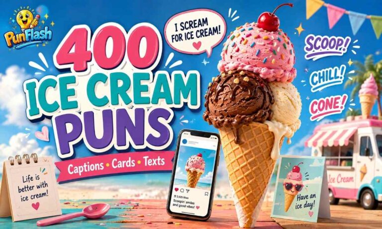 400 ice cream puns featuring colorful scoops, cones, captions, cards, and playful dessert humor.
