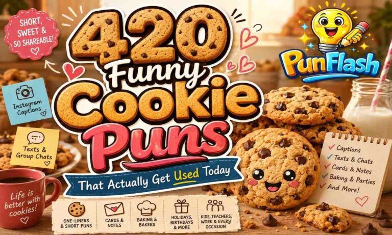 Featured image for 420 funny cookie puns featuring chocolate chip cookies, cookie jokes, captions, baking, cards, and family-friendly wordplay.