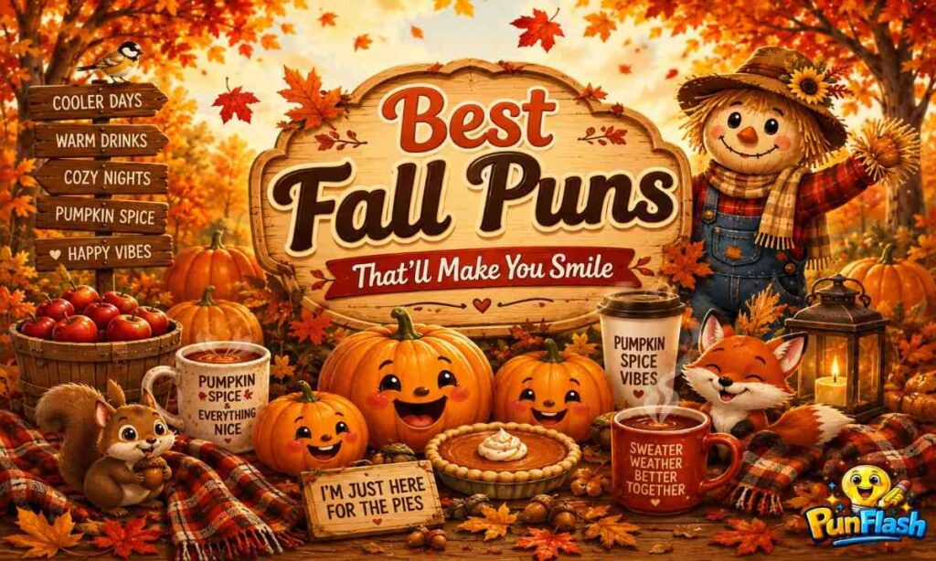 Colorful Best Fall Puns illustration with pumpkins, autumn leaves, scarecrow, and cozy autumn scenery.