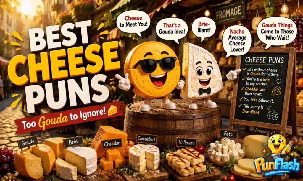 Best cheese puns featuring Gouda, Brie, Cheddar, Feta, and Camembert with cartoon cheese characters and clever wordplay.