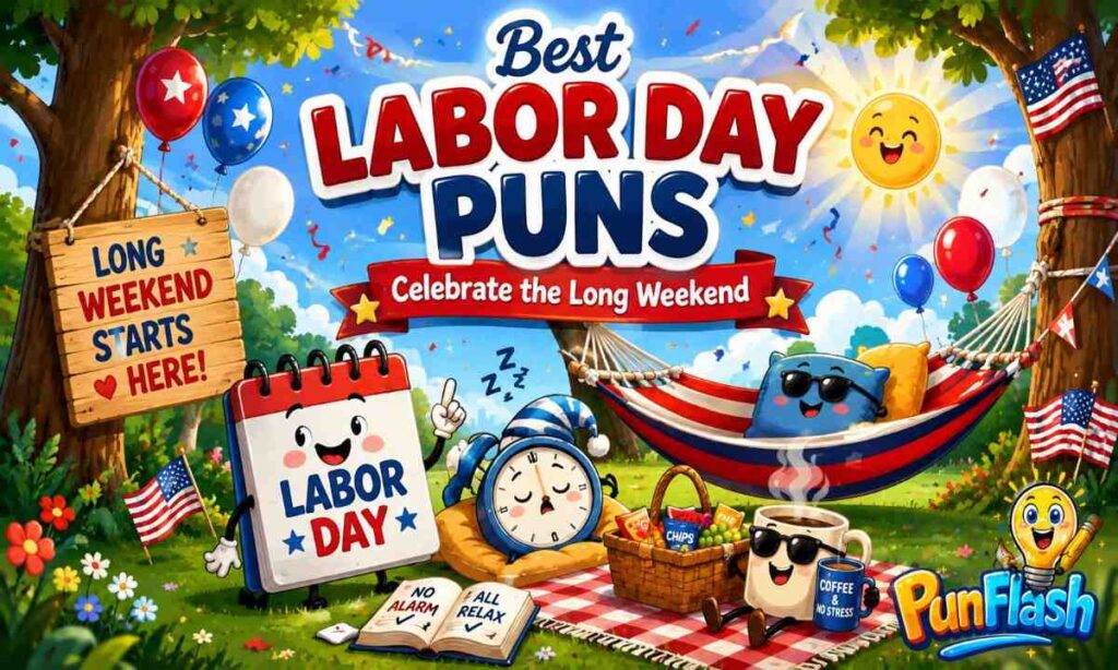 Cartoon Labor Day long weekend illustration with a hammock, sleeping alarm clock, picnic blanket, calendar, and relaxing holiday scene