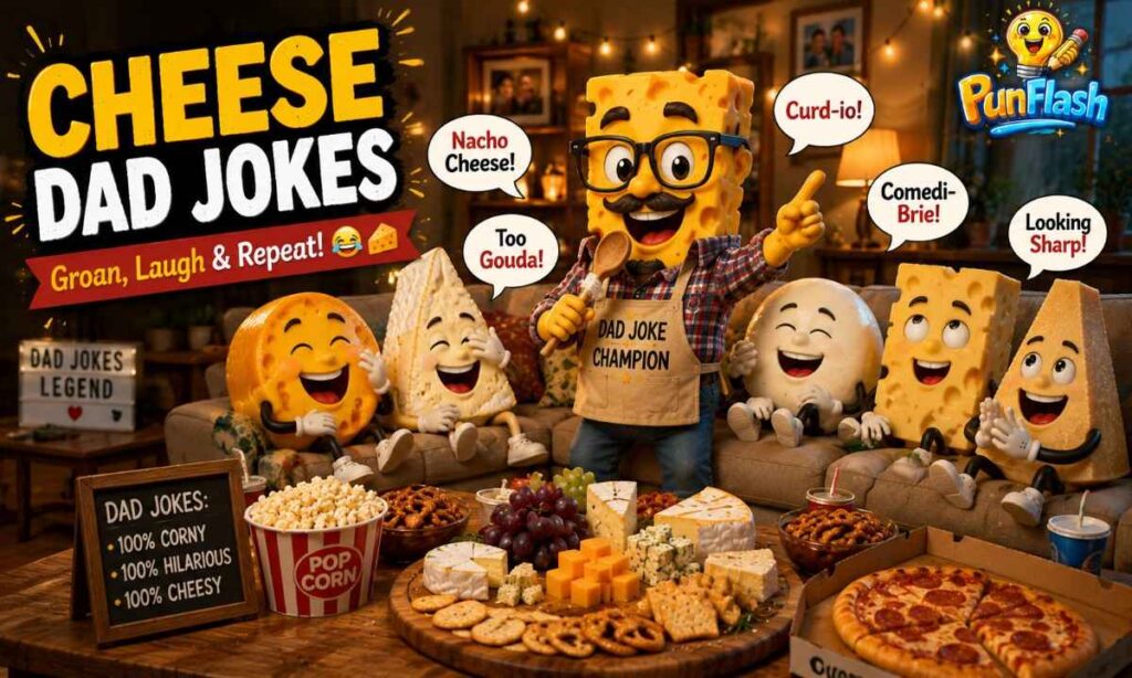 Cheese dad jokes featuring funny Cheddar, Gouda, and Brie cartoon characters sharing family-friendly cheese humor.