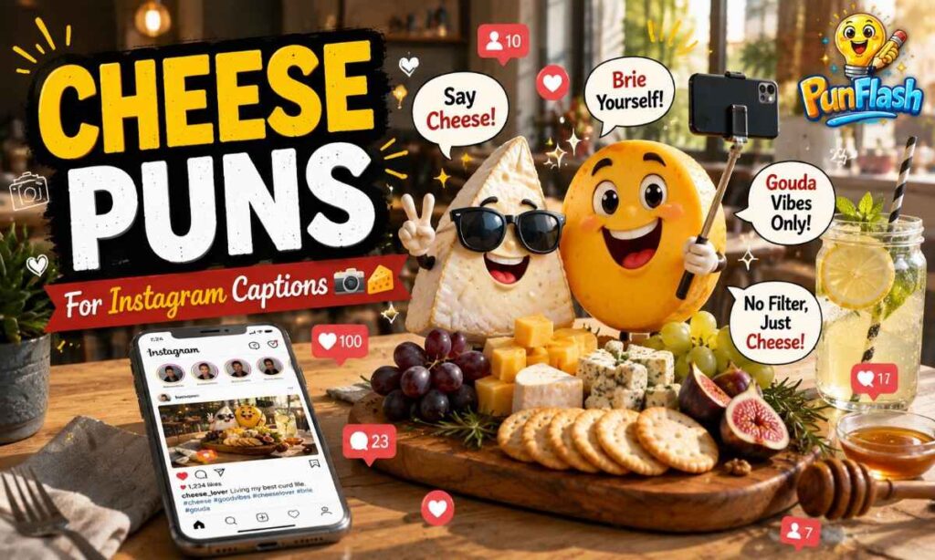Cheese puns for Instagram captions featuring Brie and Gouda cartoon characters with a charcuterie board and social media theme.