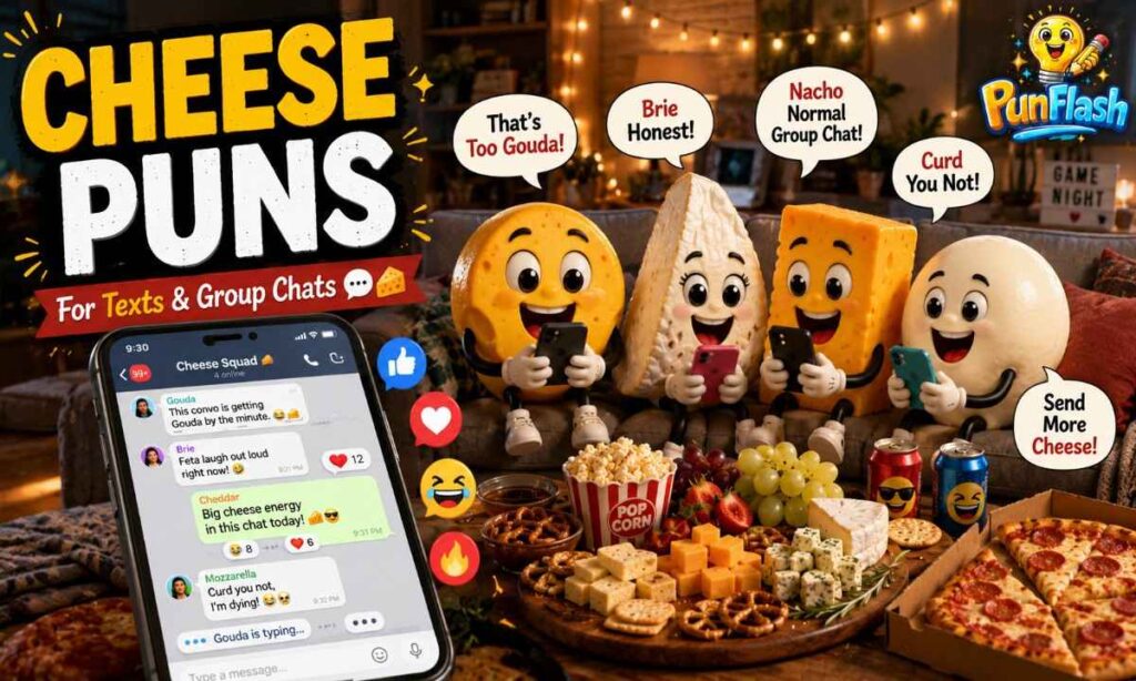 Cheese puns for texts and group chats featuring Gouda, Brie, and Cheddar cartoon characters chatting on smartphones.