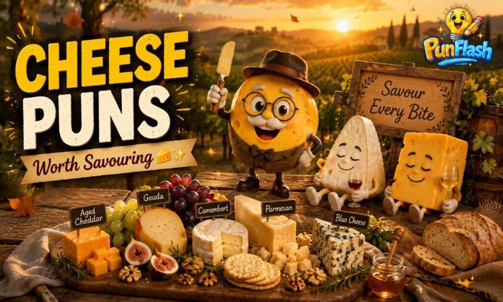 Cheese puns worth savouring with an artisan cheese board, Gouda, Brie, and Cheddar at a golden sunset gathering.