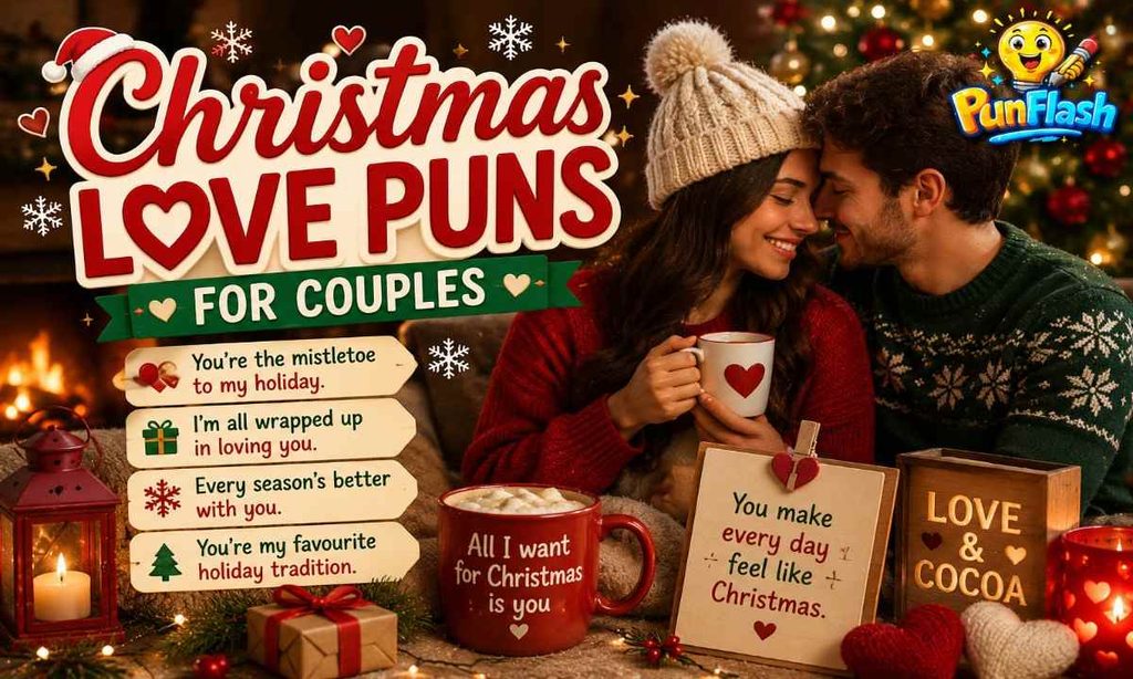 Christmas love puns for couples featuring a cozy couple by a decorated Christmas tree, heart-shaped decorations, hot cocoa, gifts, candles, and festive holiday lights.