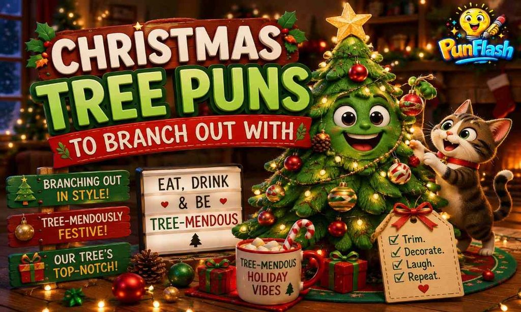Christmas tree puns featuring a decorated Christmas tree, playful cat, ornaments, presents, candy cane, and festive holiday decorations.