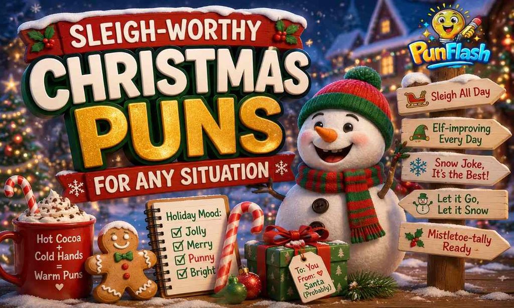 Sleigh-worthy Christmas puns for any situation featuring a cheerful snowman, candy canes, gingerbread cookie, Christmas gifts, and festive holiday decorations.