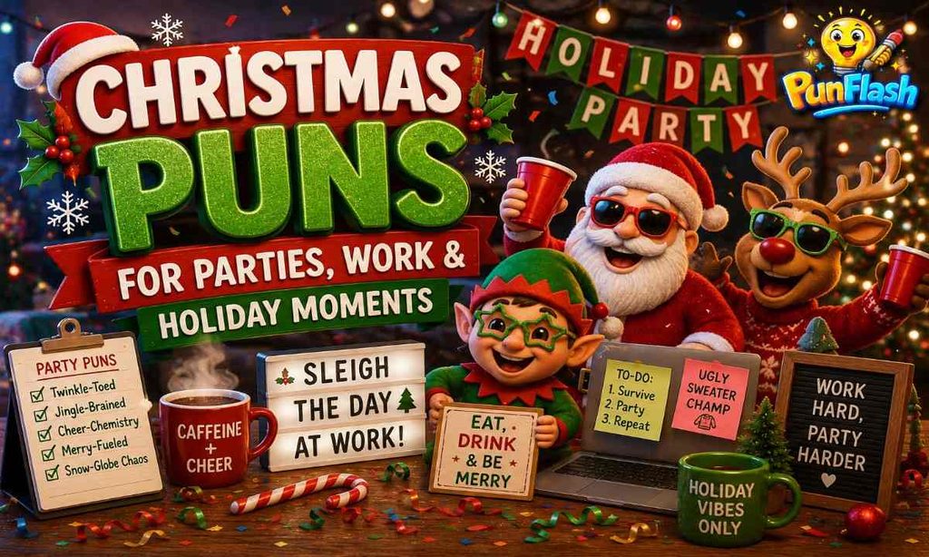 Christmas puns for parties and work featuring Santa, a reindeer, an elf, holiday decorations, festive drinks, Christmas lights, and office party humor.